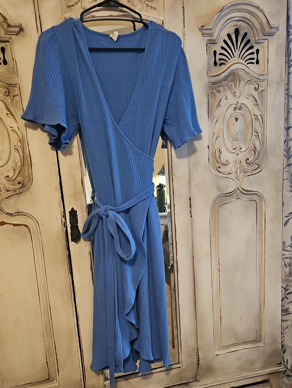 Kate Quinn Organic Cotton Wrap Dress Large Blue Midi Dress Flutter Sleeve
